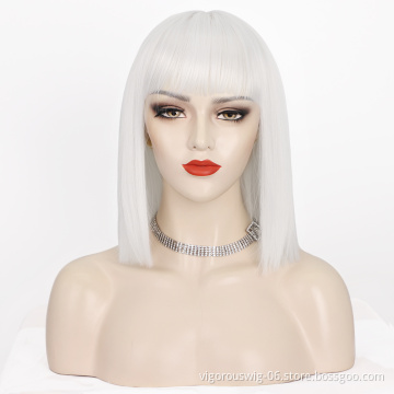 Women's Silve Color Short Bob Wig with Hair Bang Silky Synthetic None Lace Hair Wig Heat Resistant Short Straight Wave Wig